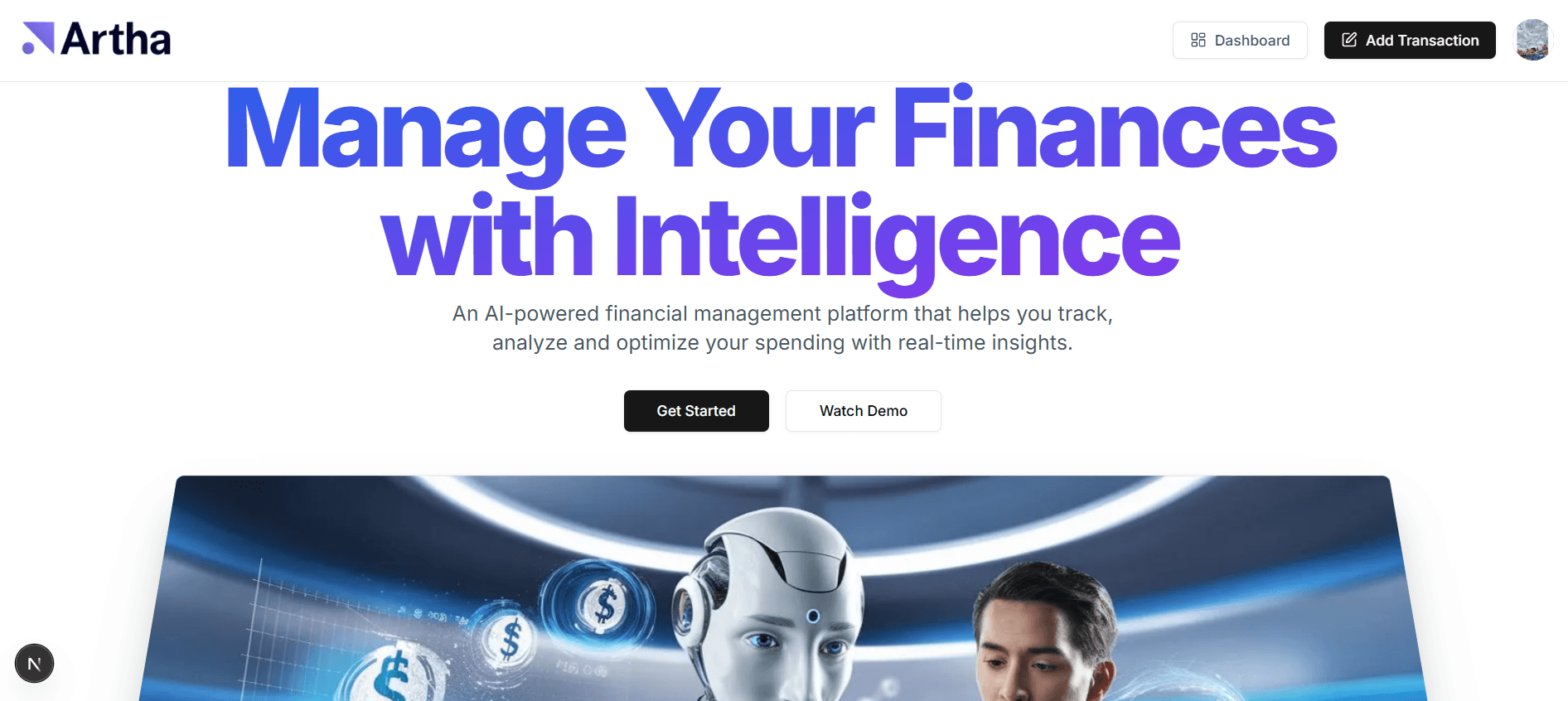 Screenshot of Artha - AI Finance Platform